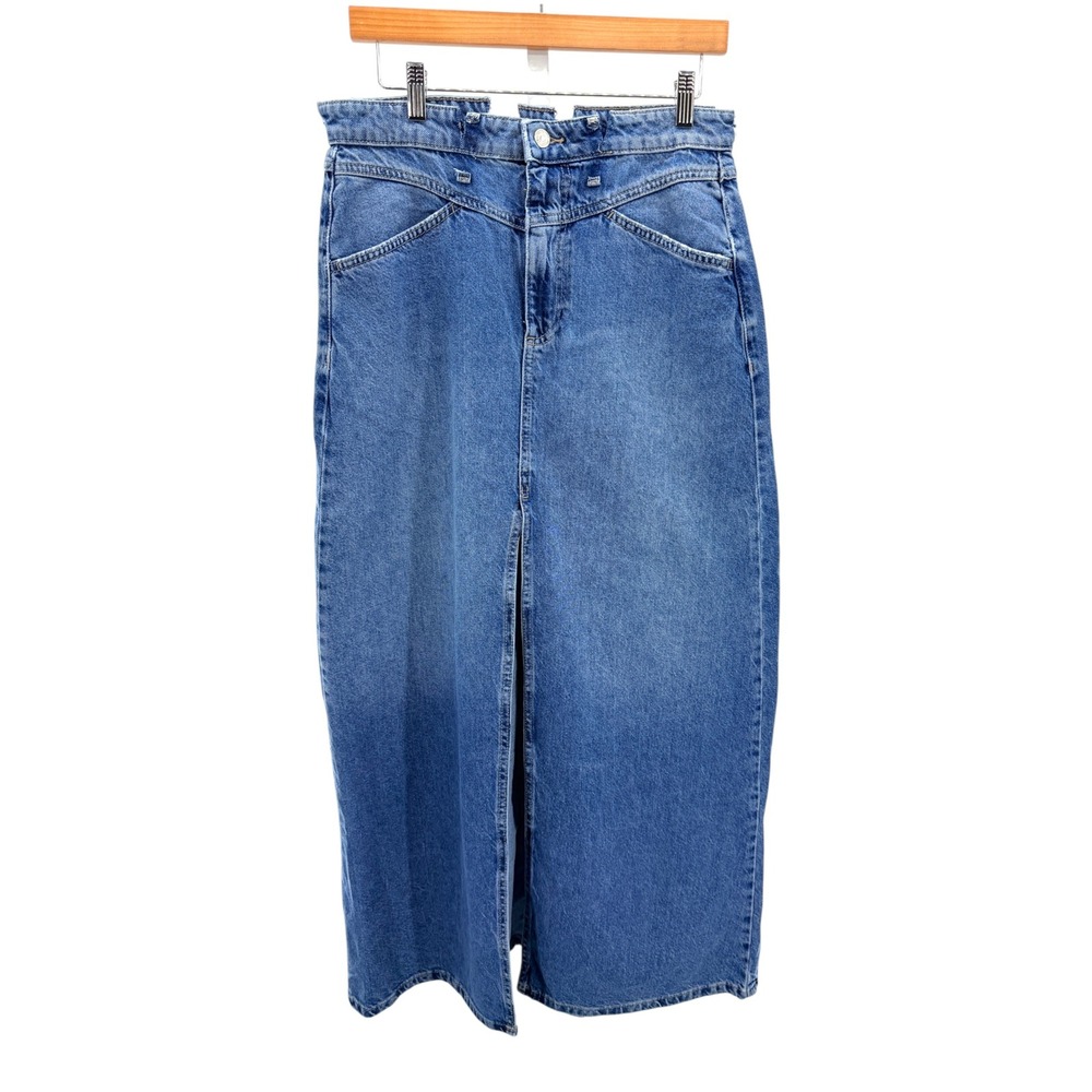 Free People Come As You Are Denim Maxi Skirt High Rise Blue Long Slit Skirt 32